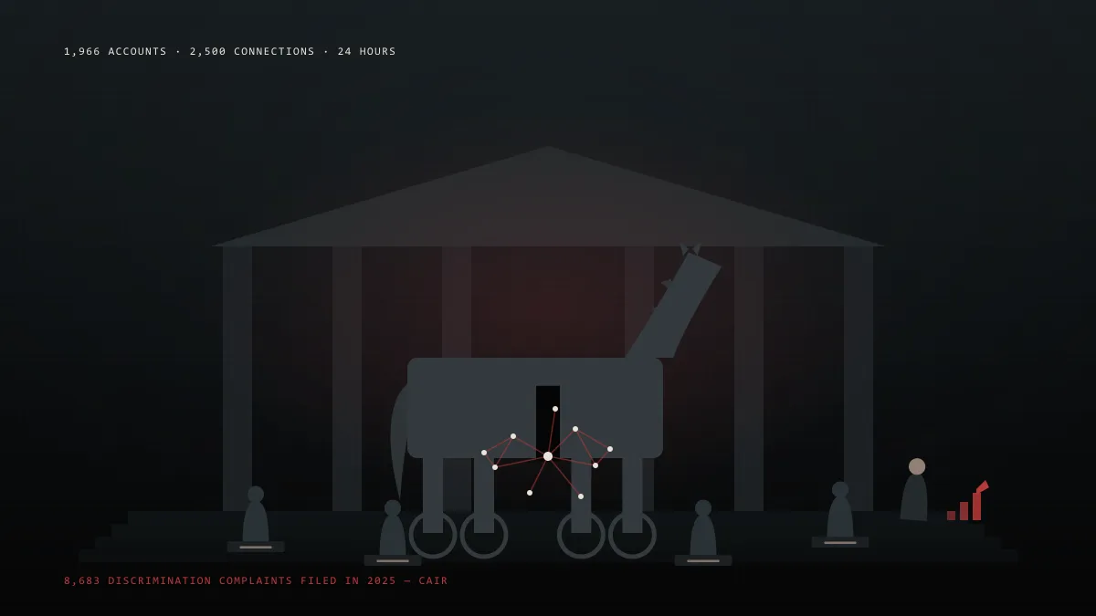 The same horse in cold light, cracked open down the belly to reveal a small tangle of connected network nodes instead of soldiers, while four faceless figures sit calmly at ordinary desks with nameplates off to the side, and one smaller unlit figure stands apart beside a rising red statistics marker.