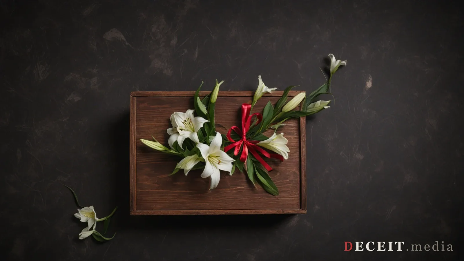A plain wooden box photographed from above on a dark surface, its lid closed, with white lilies and a single crimson ribbon laid across it. It reads as a memorial tribute.