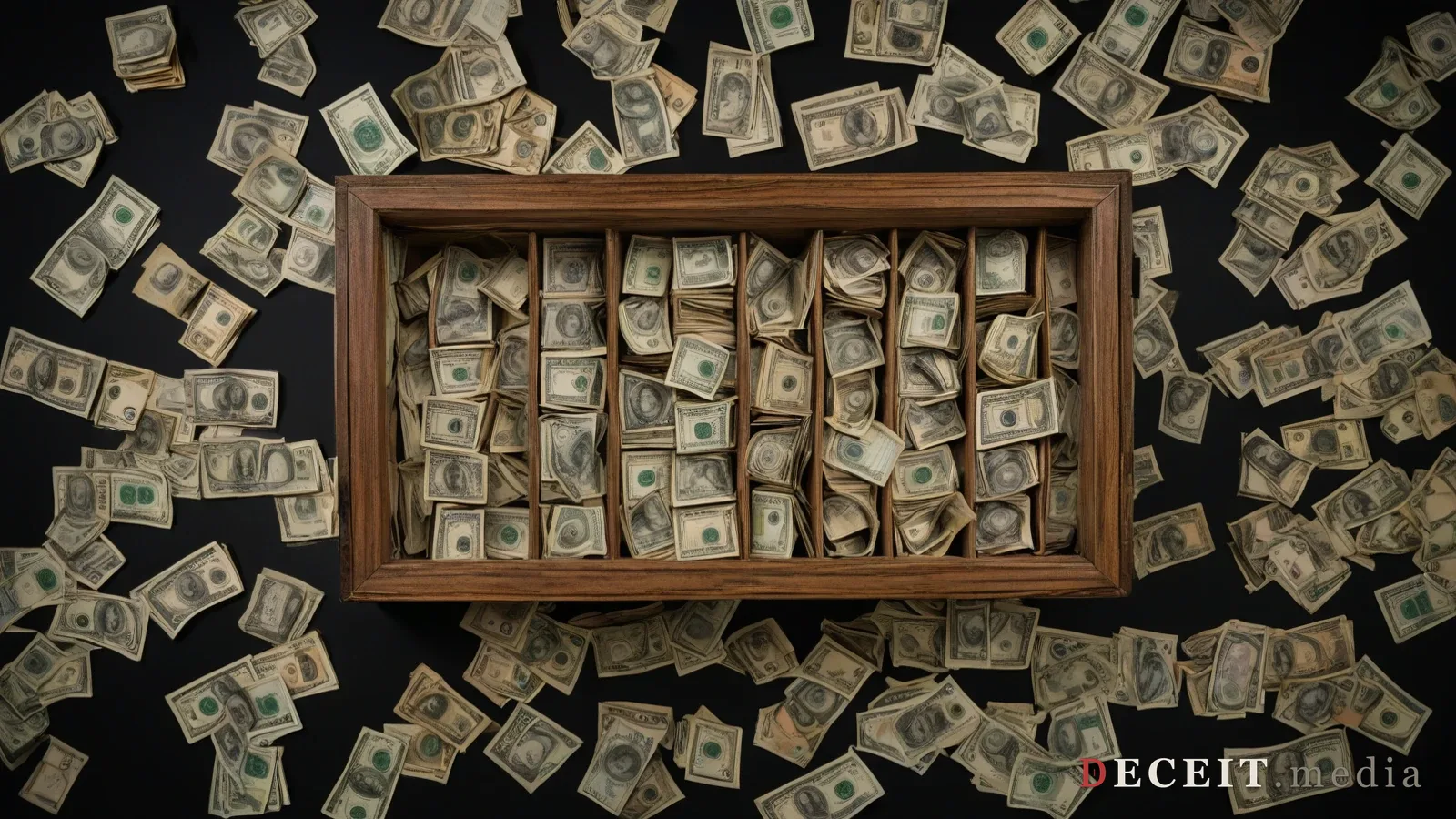 The same box from the same angle, now open and packed to the edges with bundles of banknotes, with more notes scattered loose across the surface all around it.