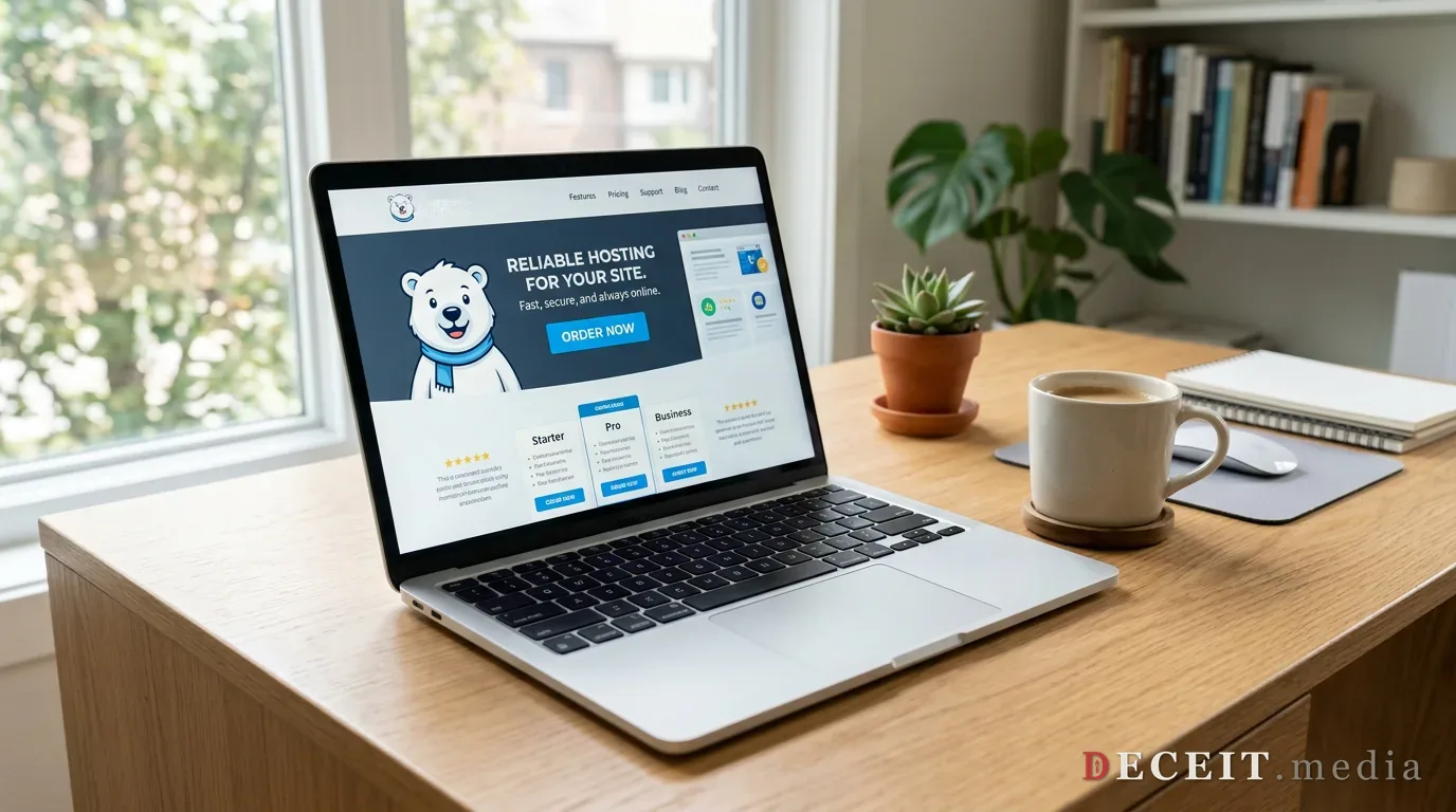 Laptop showing a polished hosting site with a polar-bear mascot and ORDER NOW button