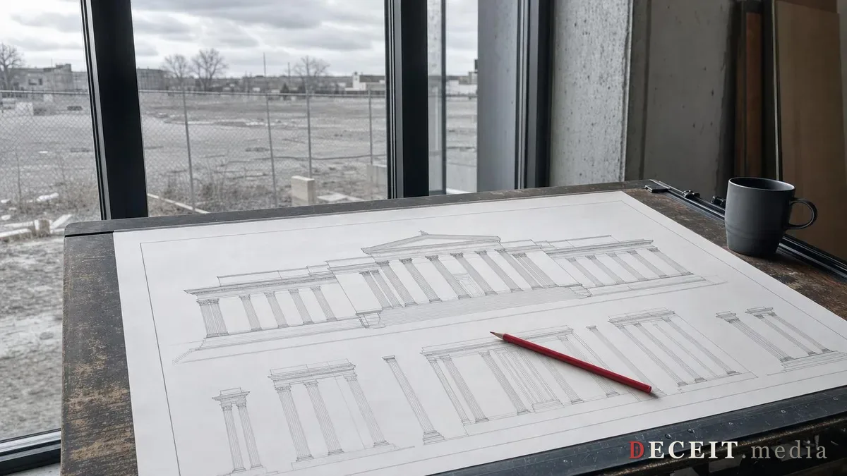 A drafting table beside a tall window. A large architectural drawing of a columned public building lies flat, made only of ruled lines, with a red pencil across it. Outside is an empty fenced lot under an overcast sky.