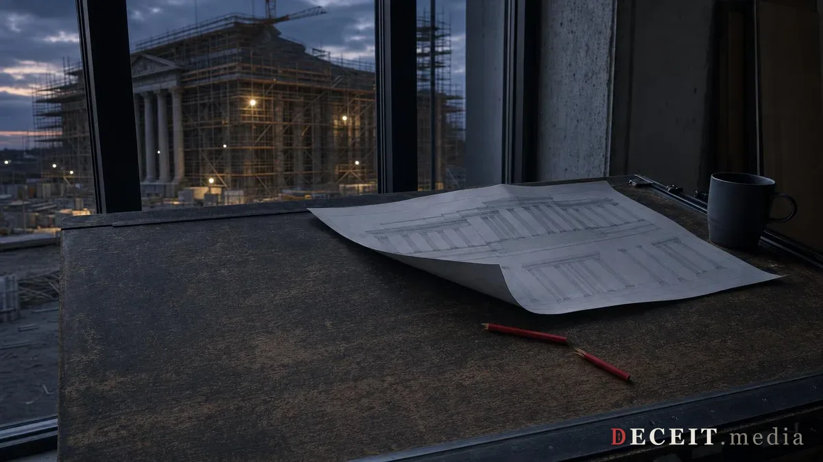 The same table and window. The drawing is curled and pushed toward the far corner and the red pencil is snapped in two. Outside, the columned building stands more than half built inside scaffolding, lit at dusk.