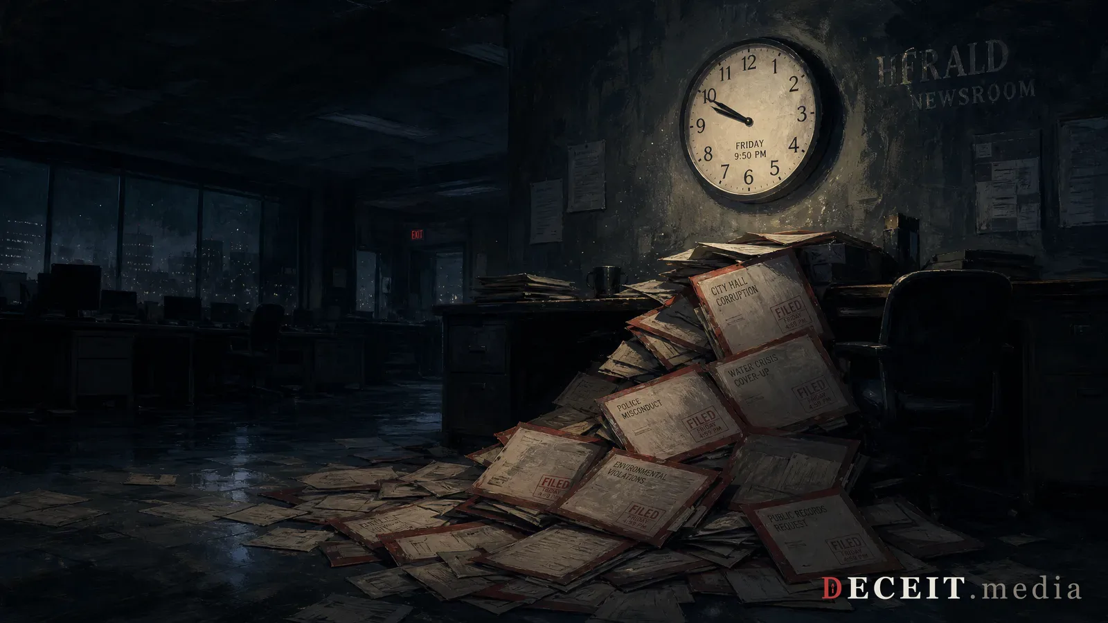The same records release revealed as proof drowning. Behind the neat stacks, 100,000 unindexed pages flood the viewer, a holiday weekend calendar glows red. The compliance is the cover-up.
