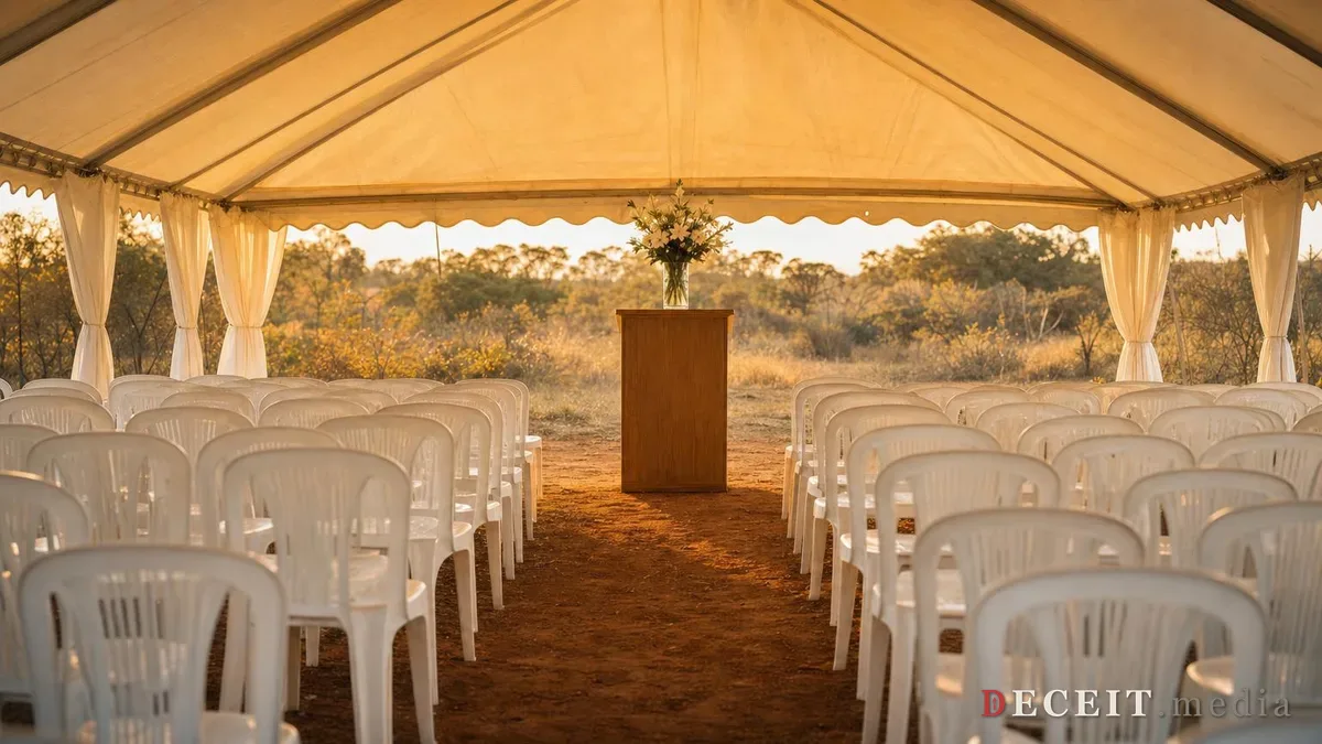 The inside of an empty open-sided tent at golden hour, rows of plain white plastic chairs facing a wooden podium with a vase of white flowers.