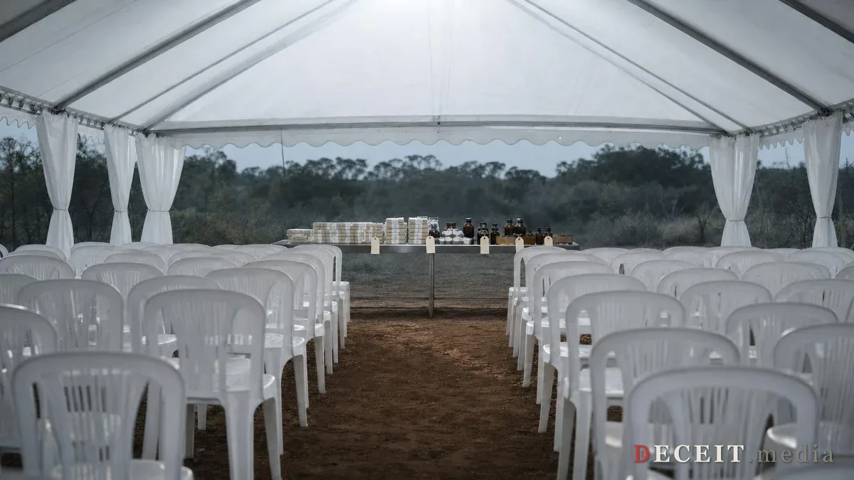 The same tent and chairs in cold light. The podium is gone, and a long metal table in its place holds stacks of banded banknotes, rows of small brown bottles and blank evidence tags.