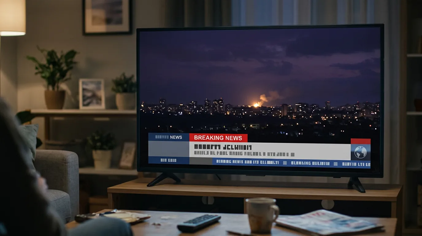 A TV screen showing a distant nighttime explosion with a news chyron.