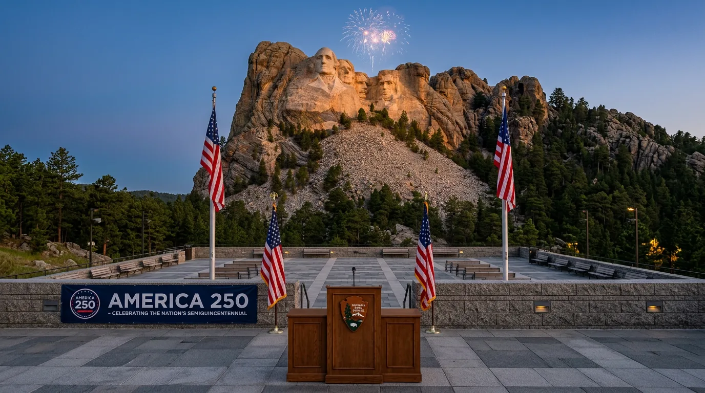 Granite monument with an America 250 banner and distant fireworks