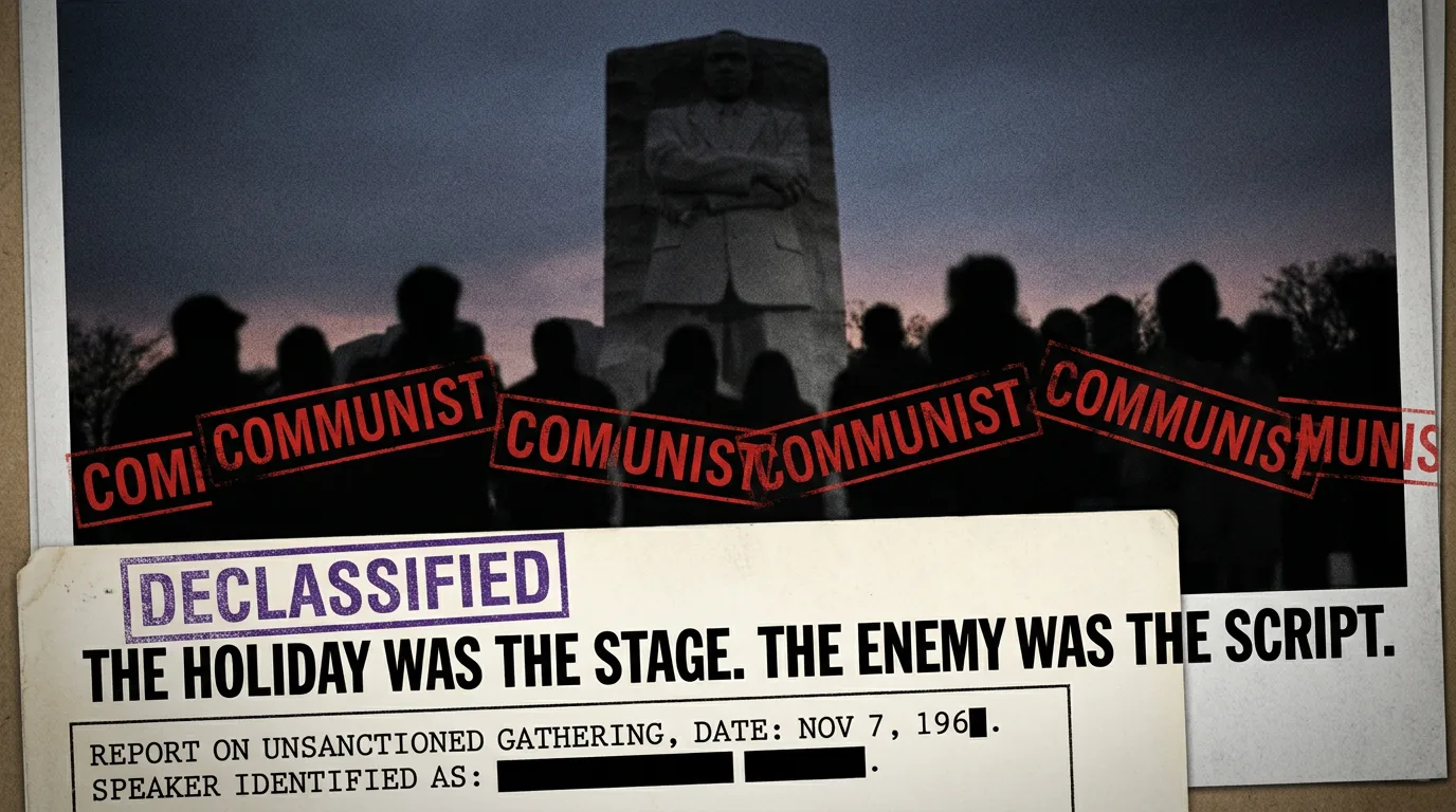 A declassified bulletin with COMMUNIST stamped over the crowd beneath the fireworks.