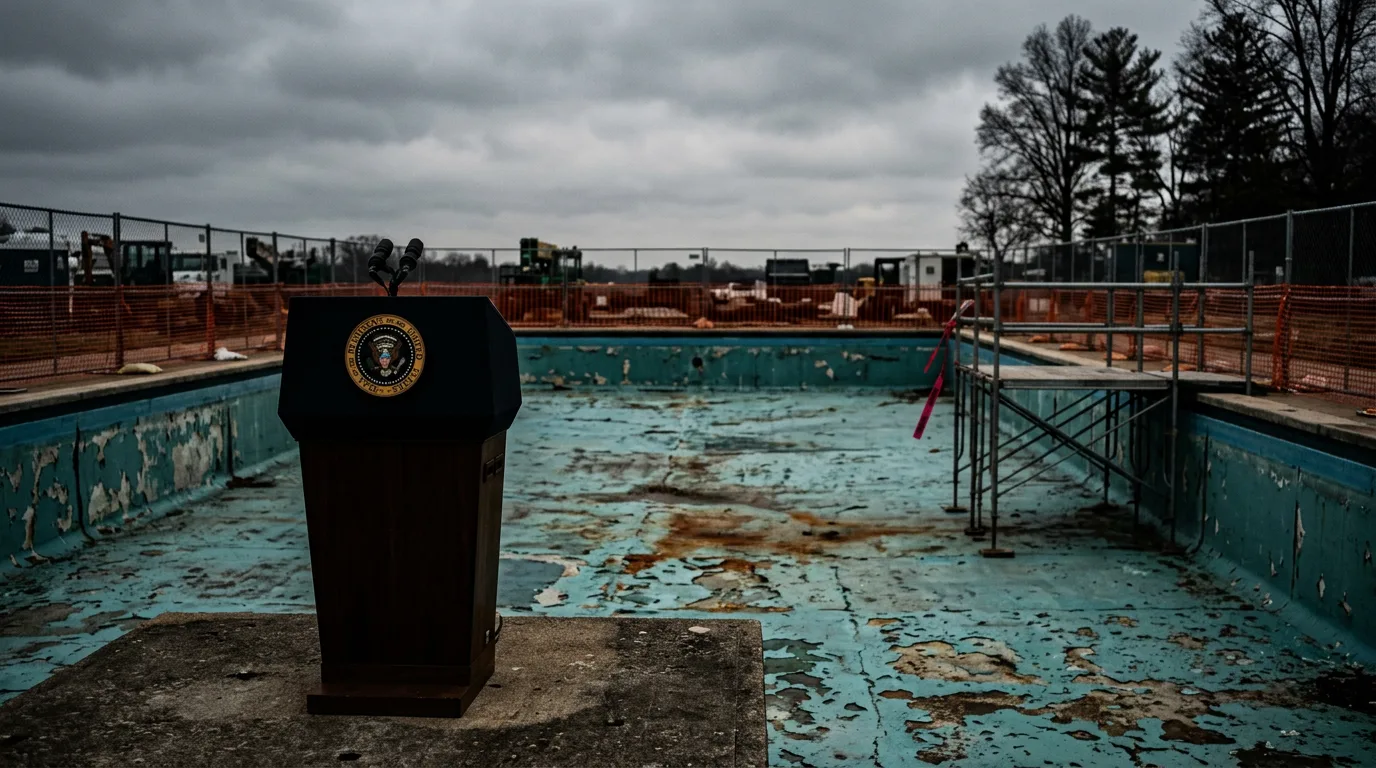 A presidential podium beside an empty reflecting pool basin under construction fencing.