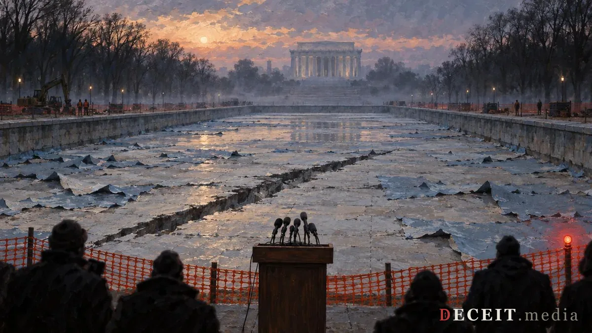 Illustration: a drained reflecting pool basin at cold dawn, its blue coating peeling away in sheets and one long gash running down the floor toward a distant columned memorial, with orange construction fencing and a lectern of microphones at the near edge.