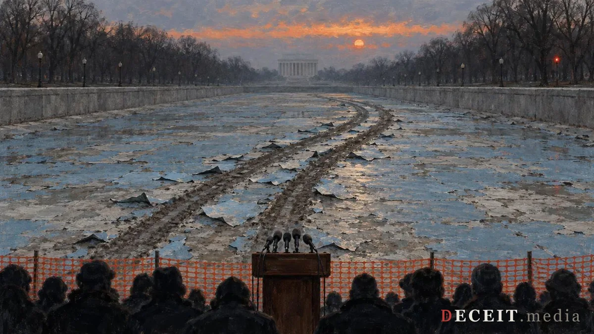 Illustration: the same basin where the gash has resolved into two parallel tire tracks pressed through a blue coating that is lifting off the concrete in loose sheets.