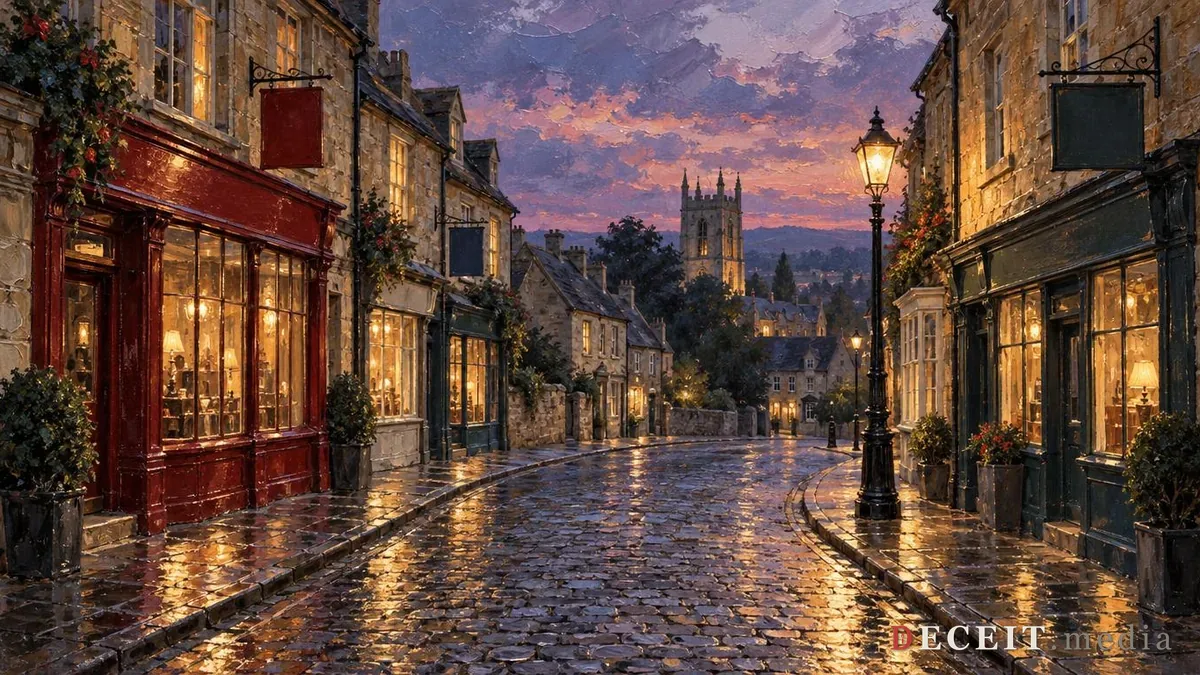 Illustration: an empty English high street at dusk, honey-coloured stone buildings with lit windows, a cast-iron lamp and a wet cobbled road under a violet sky.