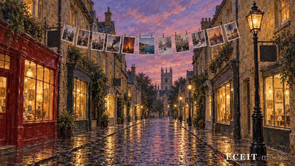 Illustration: the same empty street with a washing line strung across it, pegged with borrowed photographs of smoke, crowds and fire from other places and other years.