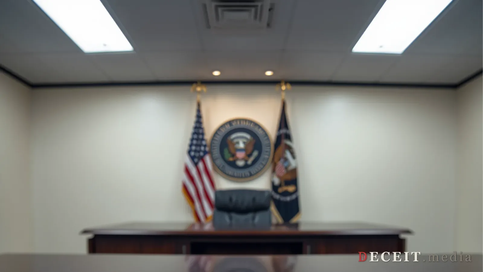 A clean, professional government office. Bright lighting, a federal budget document, American flag, OMB seal. Orderly, accountable, transparent.