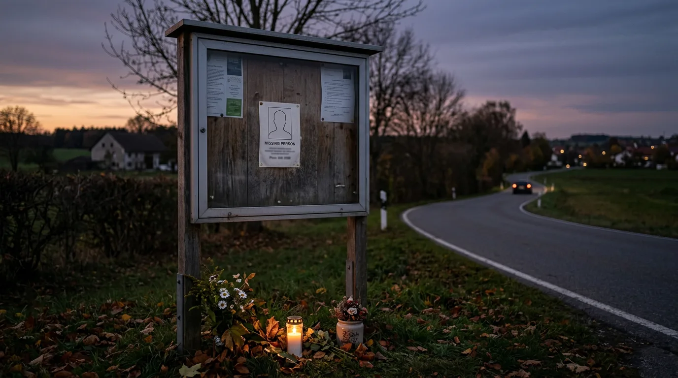 A community bulletin board with a missing-person flyer, a candle, and flowers.