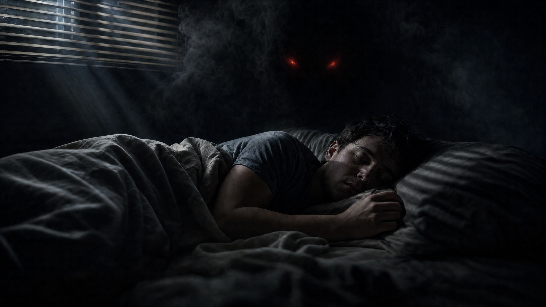 A shadow-demon crouched over a sleeping figure in a moonlit bedroom