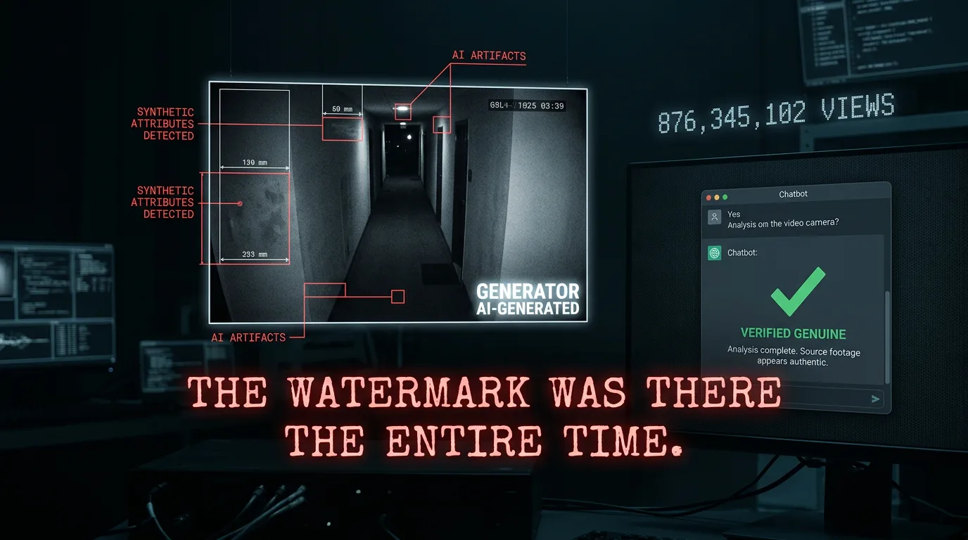 A synthetic video frame with a glowing generator watermark and a chatbot falsely confirming it.