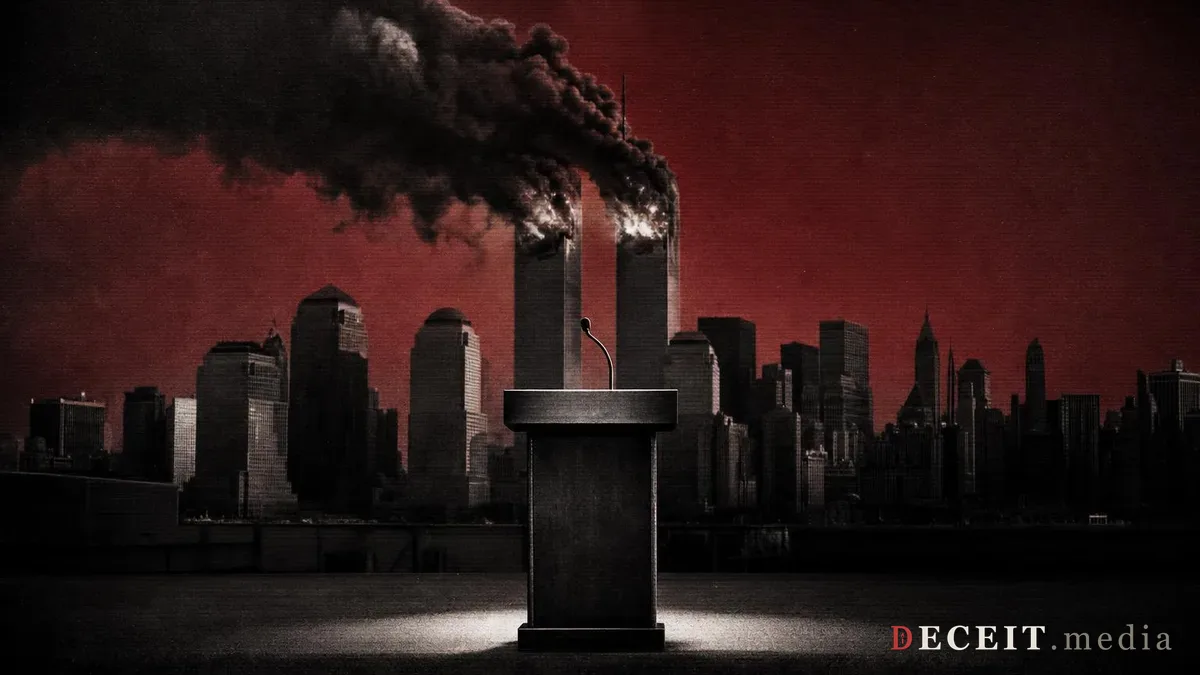 Illustration styled as an attack-ad still: an empty campaign podium under a spotlight, with the twin towers burning directly behind it under a blood-red sky.