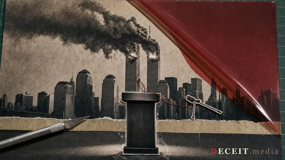 The same picture revealed as a paste-up on a cutting mat. The towers are a torn print, the podium is a cutout glued on top, masking tape covers the seam, a red film is peeled back from the sky, and a red thread ties the podium's microphone to a separate cutout of a streamer's microphone.