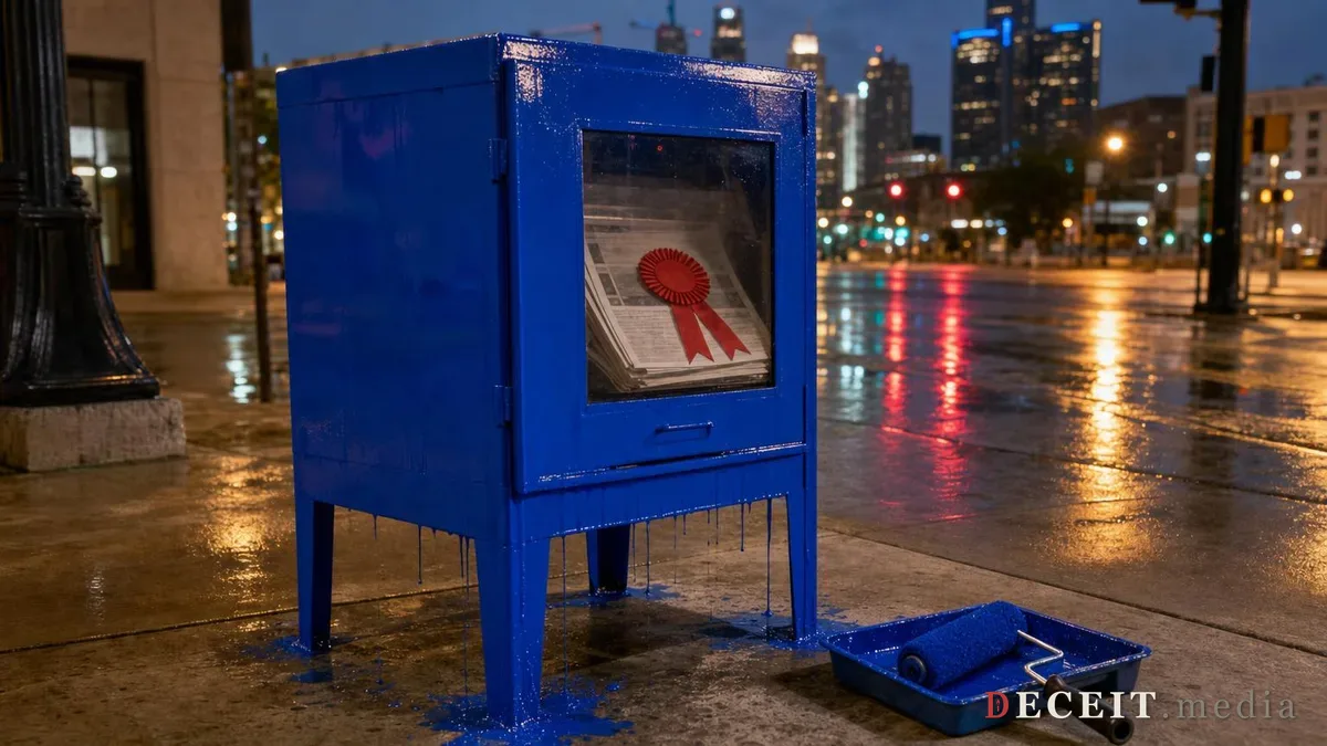 Illustration: an unbranded newspaper box on a rain-wet Detroit street at night, freshly painted bright blue and still dripping, with a paint roller in a tray beside it and a red prize rosette on the newspapers inside.