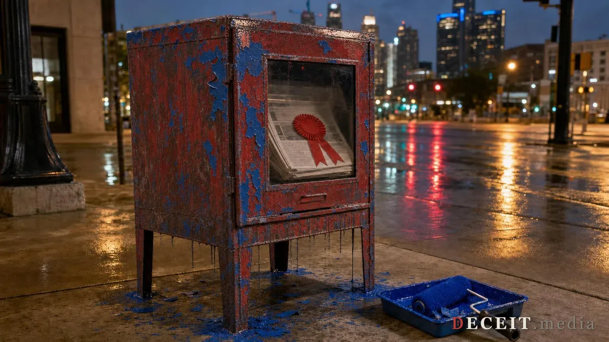 The same newspaper box with the fresh blue paint flaking away, showing worn layers of old red paint underneath.