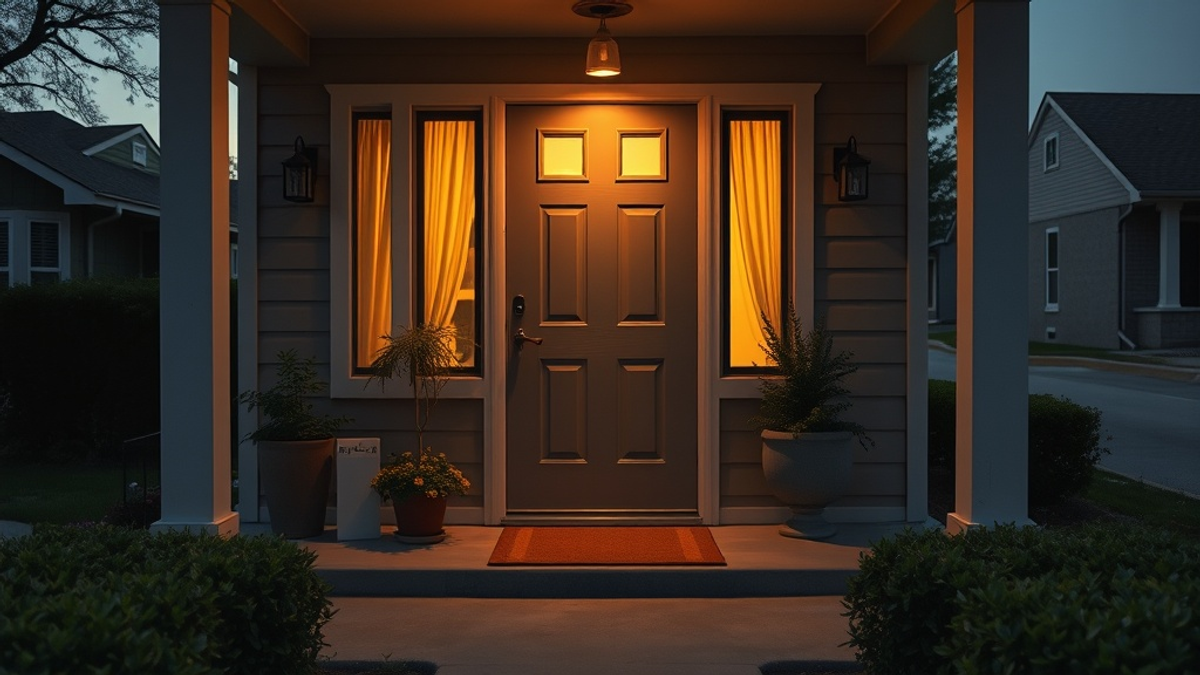 An ordinary American suburban front porch at dusk. Warm light behind curtained windows. A welcome mat. Potted plants. Safe, quiet, unremarkable.