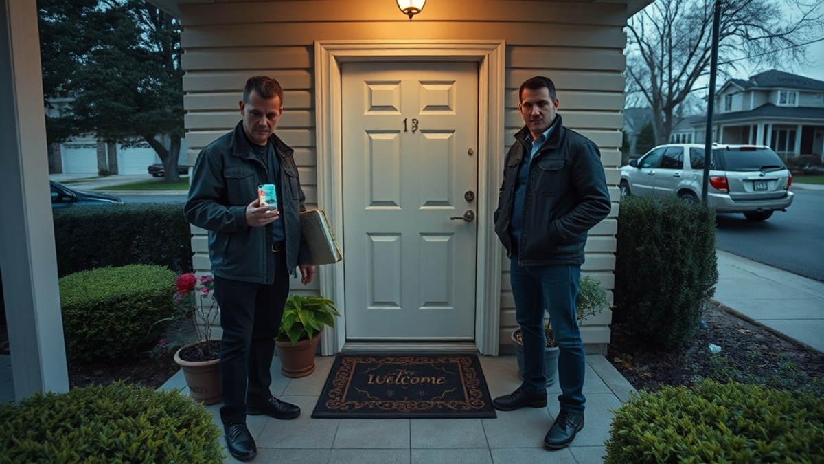 The same porch. Two plainclothes federal agents standing at the door. One holds a phone with a blurred social media post. The other carries a dossier. An unmarked SUV at the curb. A biometric scanner on the doorframe. The machinery behind the knock.