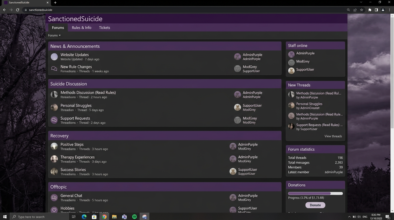 Screenshot of the Sanctioned Suicide forum homepage with purple header, navigation tabs, and forum sections visible.