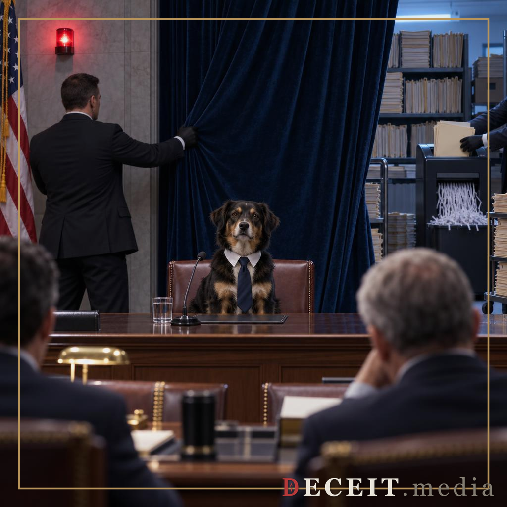 A solemn black-and-tan dog in a shirt and tie sits at a federal hearing table as a suited man draws a dark curtain across shelves of case files.