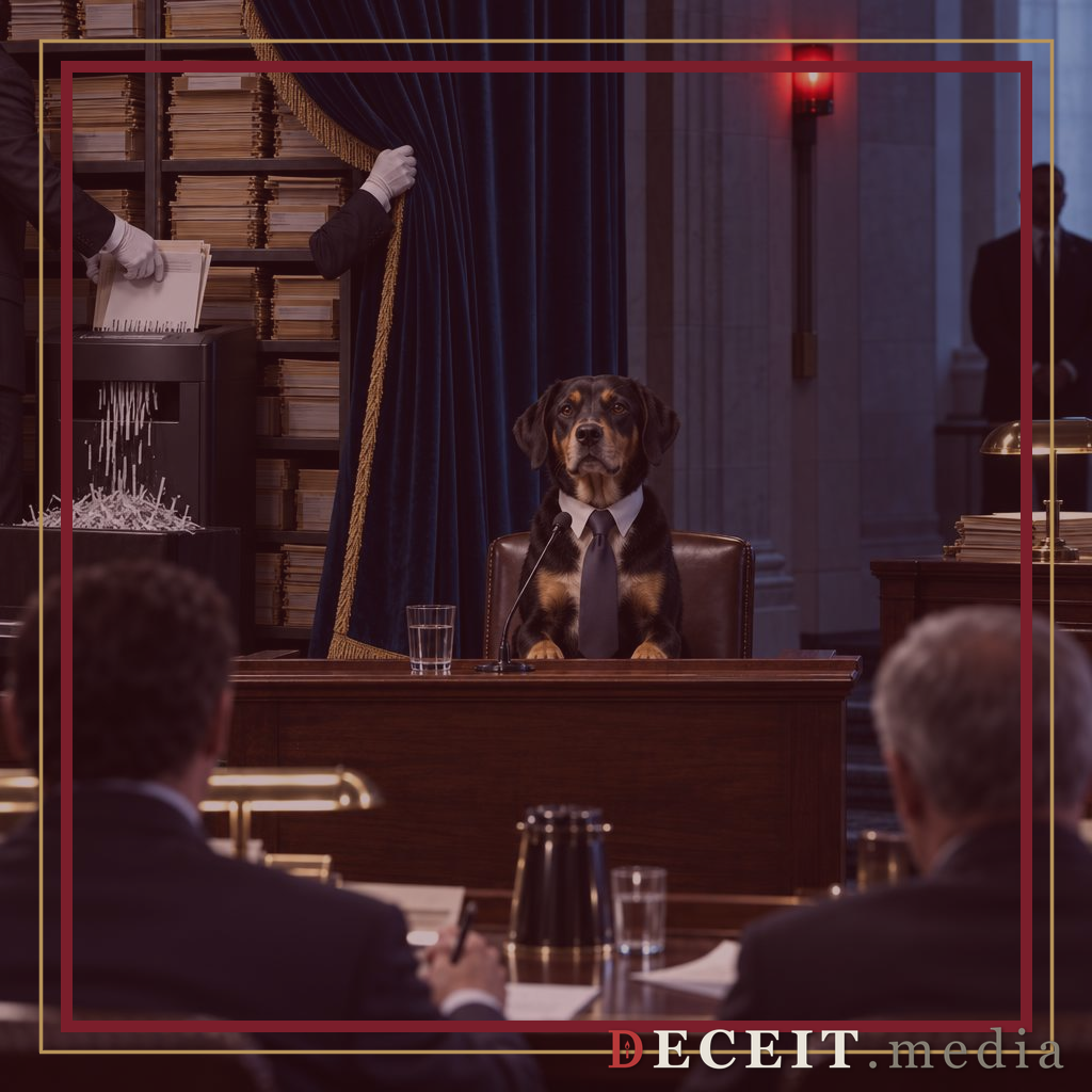 A dog in a shirt and tie sits at the hearing table while a gloved hand feeds case records into a shredder behind a dark curtain.