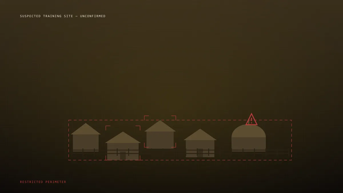 A grainy aerial surveillance-style photo of a small rural compound, marked with red alert brackets and warning icons like a segment from an amateur documentary about hidden terrorist training camps.