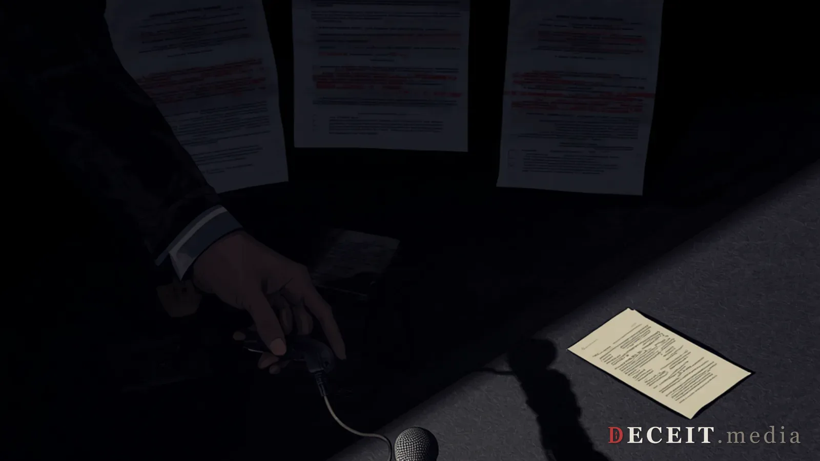 The same podium revealed from behind. The evidence the prosecutor followed is visible: documents showing the truth that contradicted the president.
