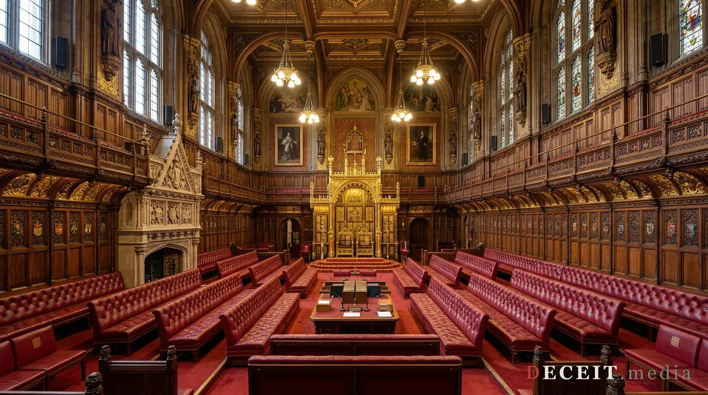 Empty ornate parliamentary chamber with red benches
