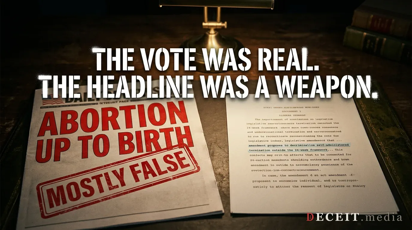 A tabloid headline reading ABORTION UP TO BIRTH stamped MOSTLY FALSE beside the narrow actual amendment.