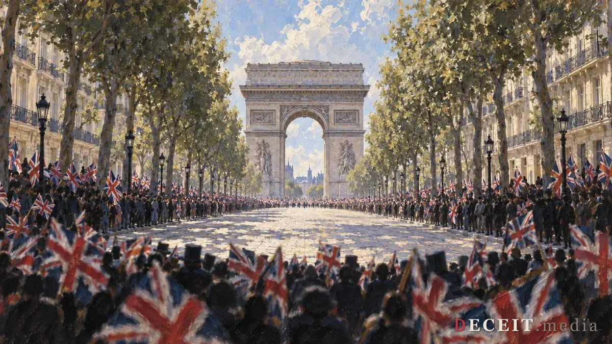 Illustration: a grand tree-lined avenue packed with a crowd waving Union flags, a great stone arch at the far end, and the flags and limbs in the foreground bleeding together.