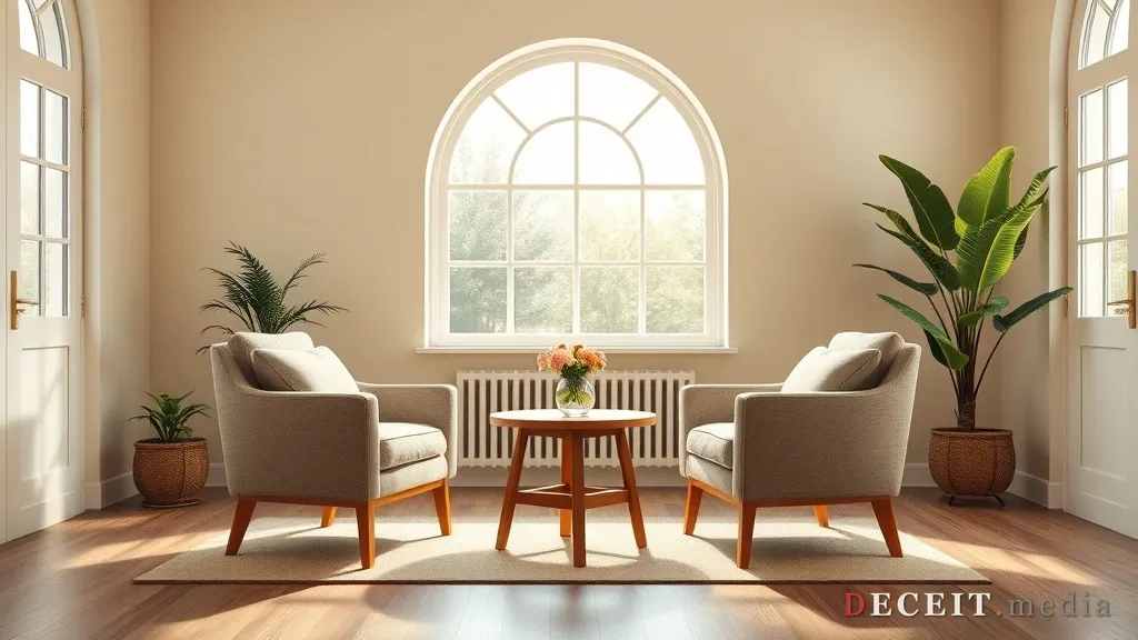 A bright, softly furnished care room with a circle of chairs and a plant, lit like a wellness brochure.