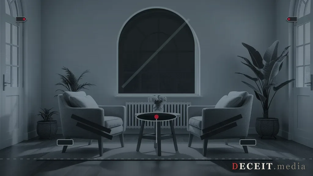 The same care room in cold light, a camera dome in the ceiling corner and a red-lit door left ajar.