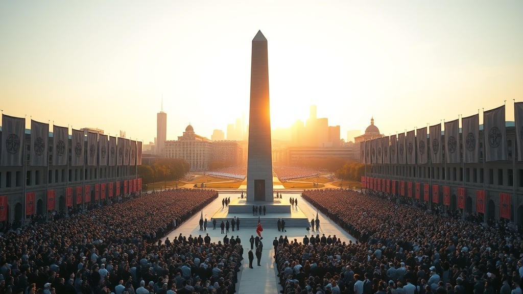 A radiant Covenant victory projection showing a restored skyline, ceremonial banners, a monument, and gathered citizens.