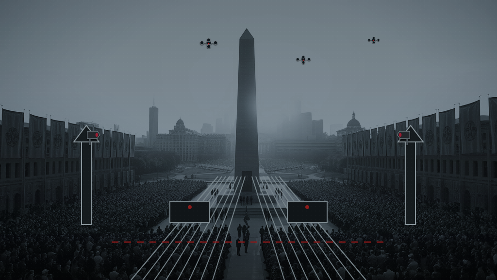The same victory scene exposed as an algorithmic targeting network connecting a central system to individual citizens across a darkened city.