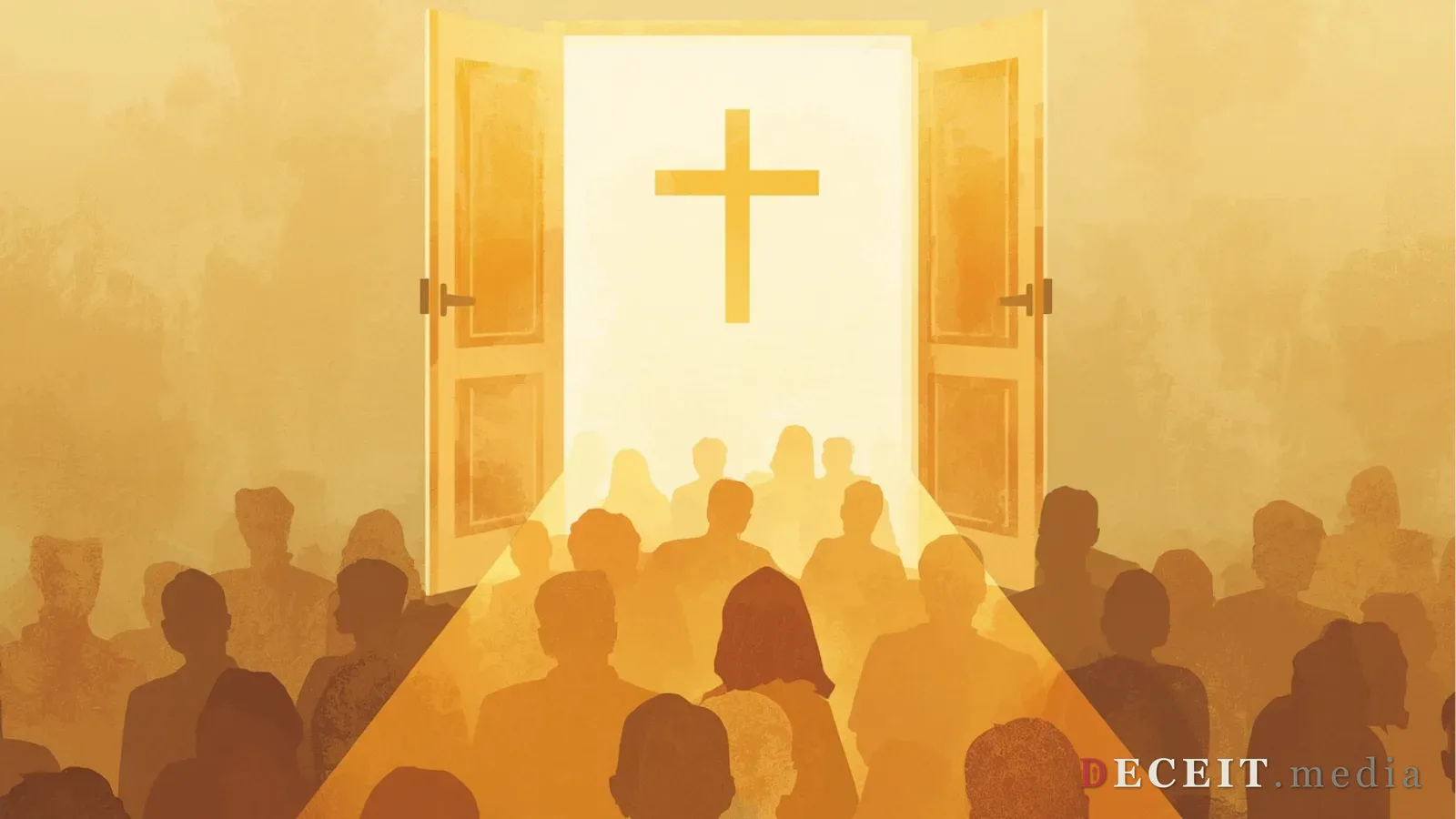 A warm, welcoming church community. Soft golden light, a cross symbol, open doors, abstract silhouettes of a congregation. Spiritual, belonging, community.