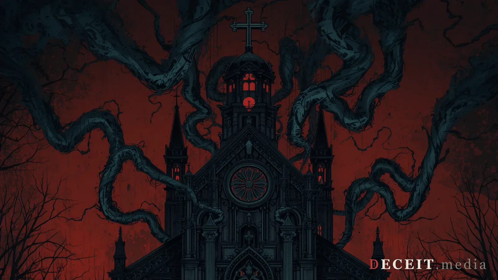 The same church revealed as an isolation machine. Behind the warm community, dark financial extraction tubes, false doomsday prediction markers, isolation chambers.