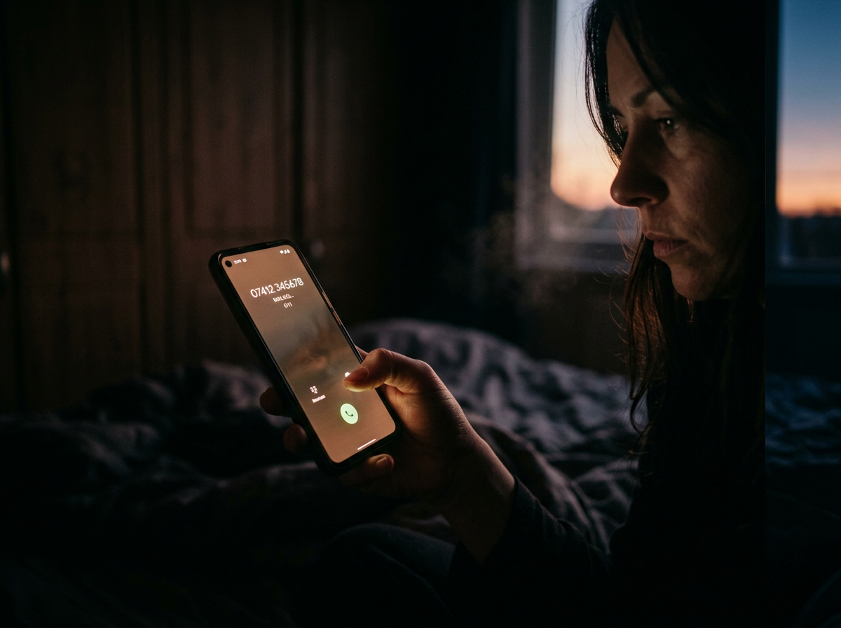 A hand holding a glowing phone in darkness, warm dawn light beginning to appear at the edge of the frame. The moment of making the hardest call of your life.