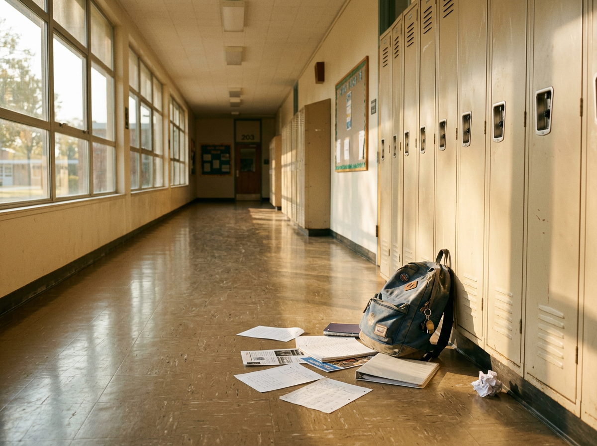 A school hallway in warm morning light. Empty lockers, a forgotten backpack on the floor, papers scattered by an open window. The light is golden and ordinary. The hallway is quiet and full of the feeling of children who just were here.