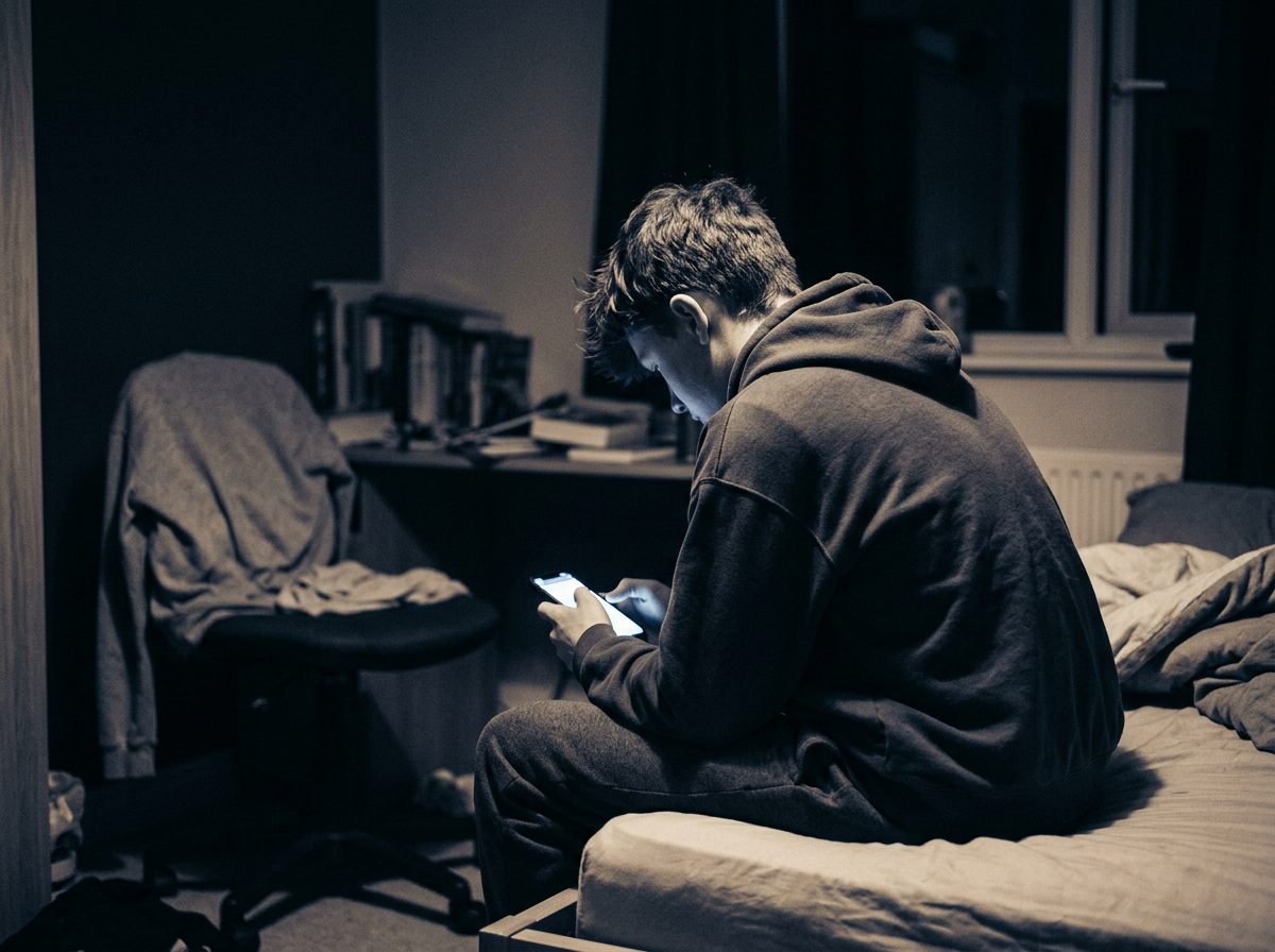 A teenager sitting alone in a dark room, face lit only by the cold glow of a phone screen. The room is warm black and empty. The only light is the screen.