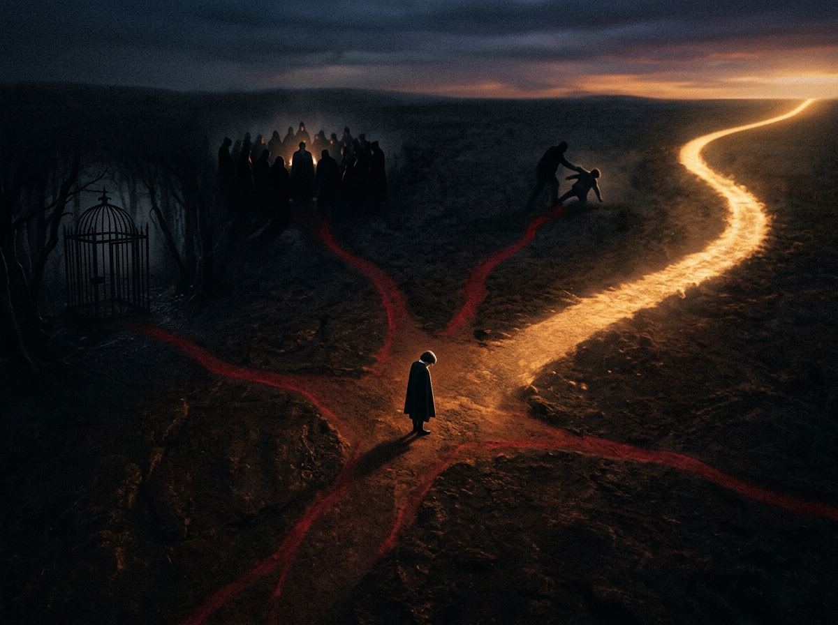 A crossroads at dusk, seen from above. Multiple paths diverge from a single point. One path is lit by warm golden light. The others fade into different kinds of darkness.