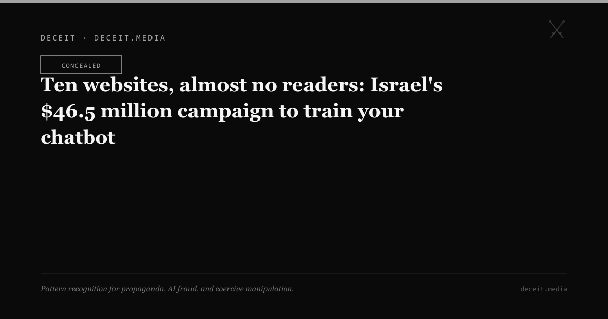 Dark Deceit.media title card. Verdict badge: Concealed. Headline: Ten websites, almost no readers: Israel's $46.5 million campaign to train your chatbot. Tagline: Pattern recognition for propaganda, AI fraud, and coercive manipulation.